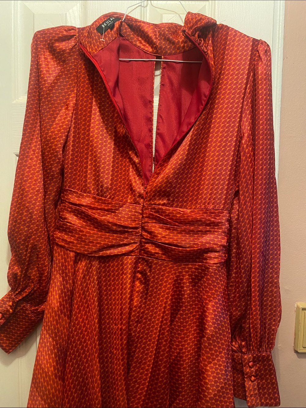 Bold Red Long-Sleeve Satin Dress with Gathered Waist